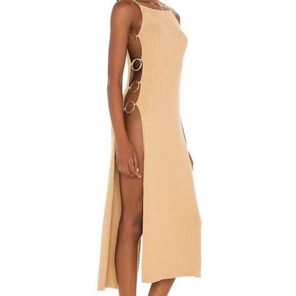 Cult Gaia Jammy Knit Dress Sand Beige XS/S Ribbed Maxi Cutout Ring Ribbed - Picture 1 of 15